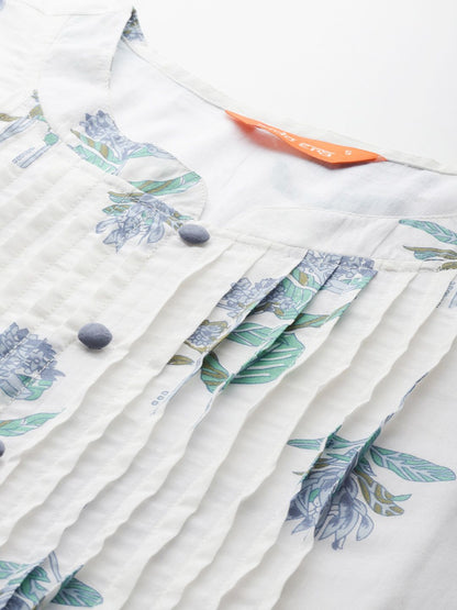 Dhiyona IE Floral Printed Pleated Pure Cotton Kurta with Trousers