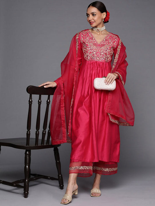 Dhiyona IE Ethnic Motifs Yoke Design A-Line Sequined Kurta with Palazzos & Dupatta