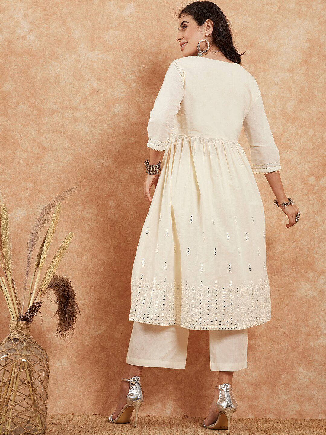 Dhiyona PD Women Embroidered Pure Cotton A-Line Kurta With Palazzo Set