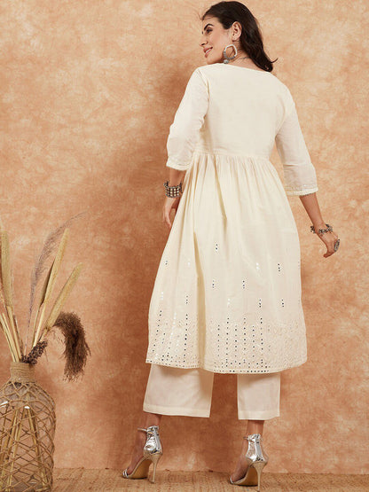 Dhiyona PD Women Embroidered Pure Cotton A-Line Kurta With Palazzo Set