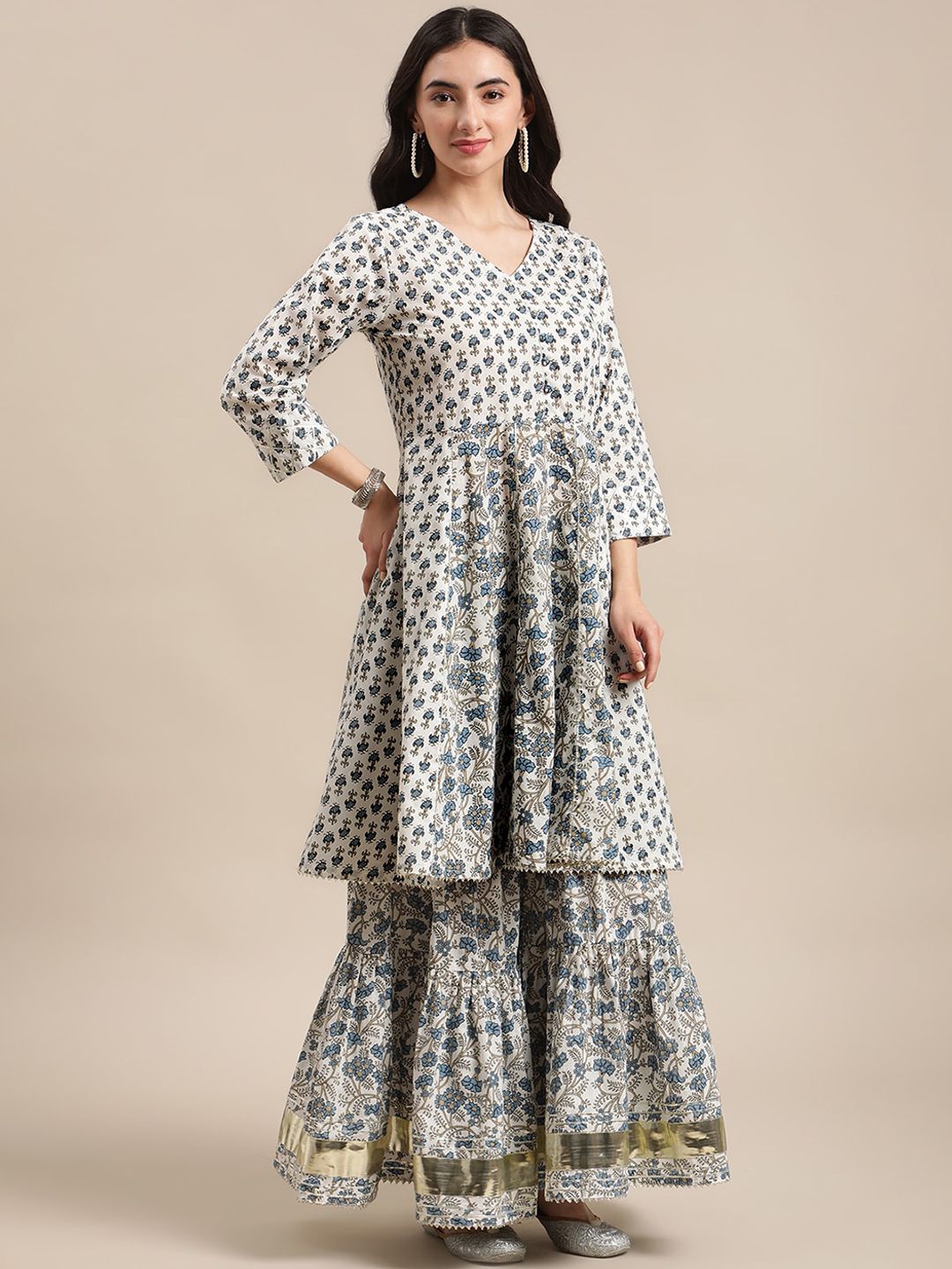 Dhiyona VA Women's White Floral Printed Regular Pure Cotton Kurta with Palazzos & With Dupatta