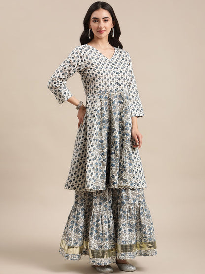 Dhiyona VA Women's White Floral Printed Regular Pure Cotton Kurta with Palazzos & With Dupatta