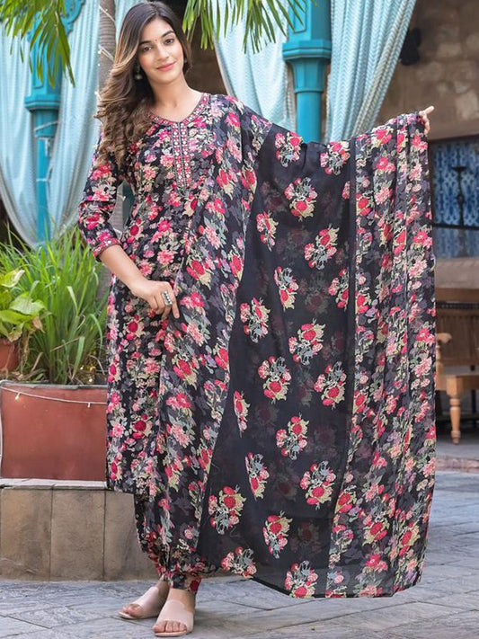 Dhiyona VA Women'sFloral Embellished Kurta Paired With Afghani Trouser & Dupatta