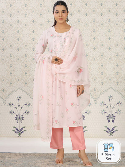 Dhiyona OD  Floral Printed Pleated Kurta & Trousers With Dupatta