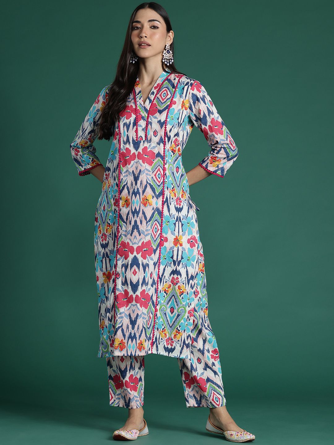 Dhiyona IE Women Printed Panelled Pure Cotton Kurta with Trousers