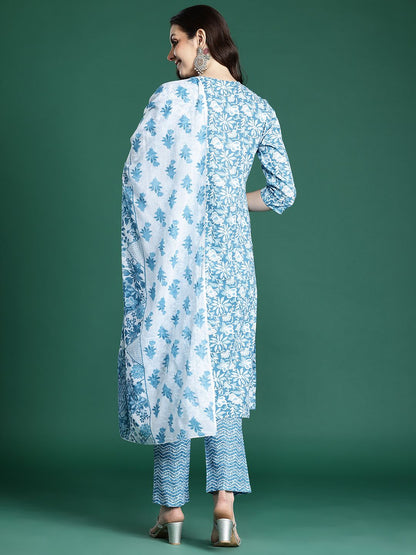 Floral Printed Pure Cotton Kurta with Trousers & Dupatta