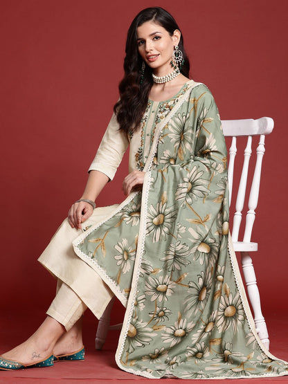 Dhiyona IE Floral Embroidered Thread Work Kurta with Trousers & With Dupatta