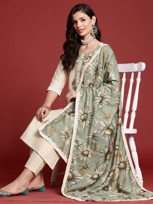 Dhiyona IE Floral Embroidered Thread Work Kurta with Trousers & With Dupatta