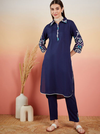 Dhiyona SN Women's Navy Blue Floral Embroidered Shirt Collar Straight Kurta & Trousers
