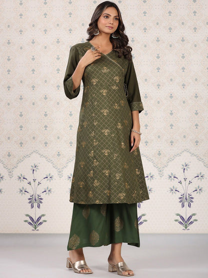 Dhiyona OD  Olive Green & Gold Printed V Neck Angrakha Kurta With Palazzos