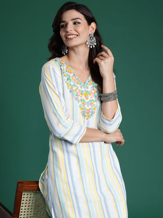 Dhiyona IE Striped Thread Work Pure Cotton Kurta with Trousers