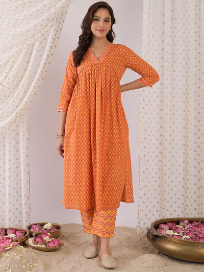 Floral Printed Empire Pure Cotton A-Line Kurta With Trousers