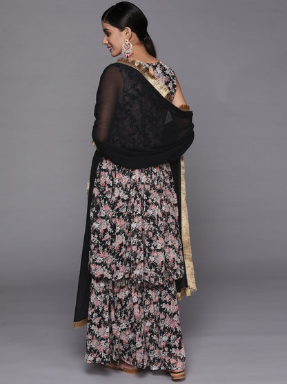 Dhiyona VA Women's Black Floral Printed Empire Kurta with Sharara & With Dupatta