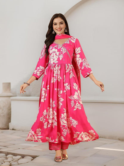 Dhiyona IS Women's Floral Printed Pure Cotton A-Line Kurta With Trousers & Dupatta