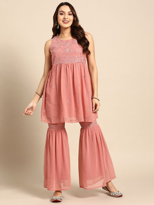 Dhiyona AN Women Embroidered Pleated Thread Work Kurti With Sharara