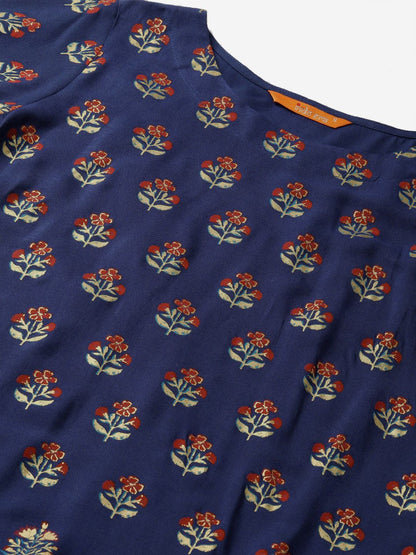 Women Navy Blue & Green Foil Print Kurta with Palazzos & Dupatta