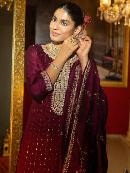 Women Ethnic Motifs Embroidered Regular Sequinned Kurta with Trousers & With Dupatta