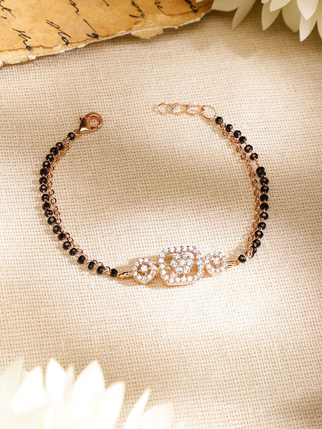 Dhiyona RJ Women's Rose Gold-Plated Black Beads & Cubic Zirconia Studded Floral Mangalsutra Bracelet