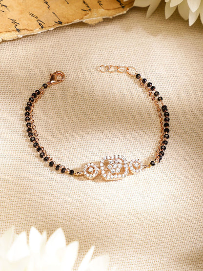 Dhiyona RJ Women's Rose Gold-Plated Black Beads & Cubic Zirconia Studded Floral Mangalsutra Bracelet