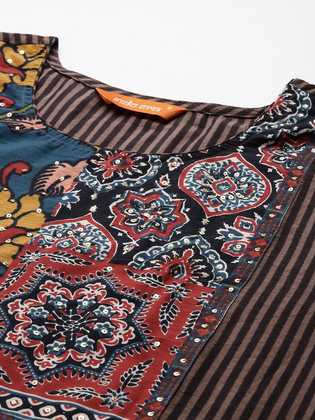 Dhiyona IE Ethnic Motifs Striped Sequinned Pure Cotton Kurta With Trousers & Dupatta