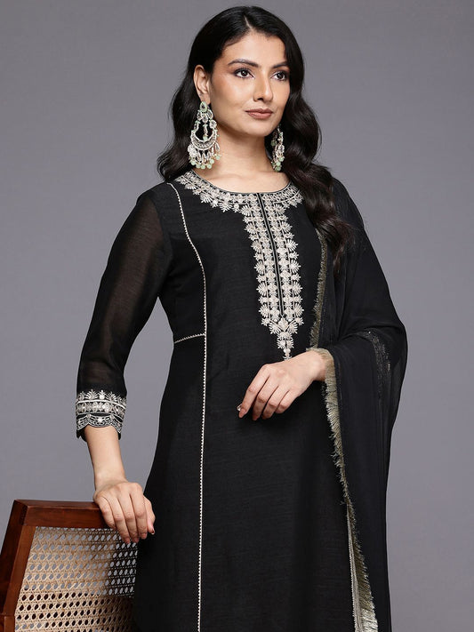 Dhiyona VA Women'sEthnic Motifs Embroidered Zari Panelled Kurta With Trousers & Dupatta