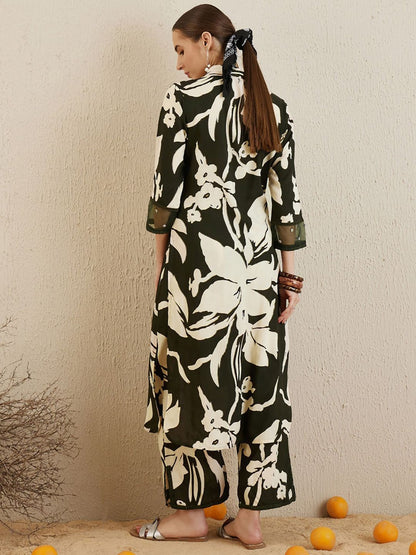 Floral Printed Sequinned Shirt Collar Straight Kurta with Trousers