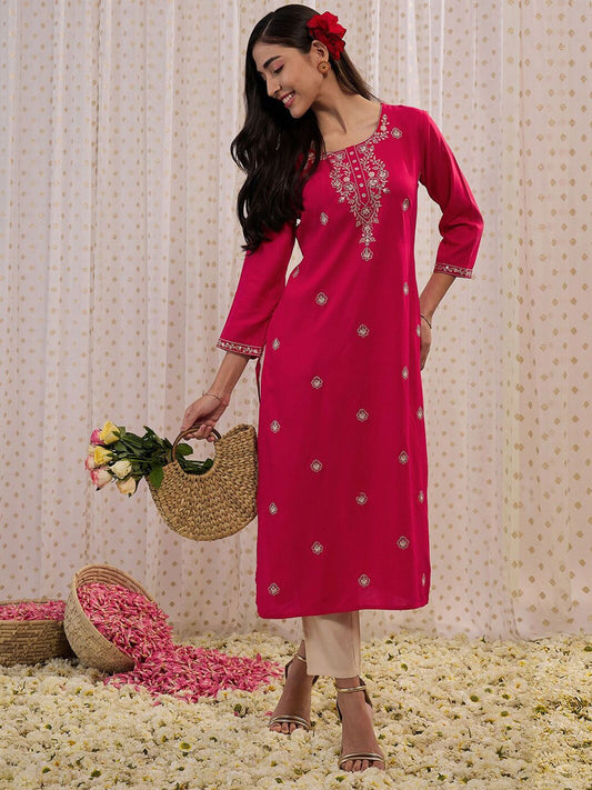 Dhiyona IE Floral Embroidered Round Neck Three-Quarter Sleeves Floral Kurta