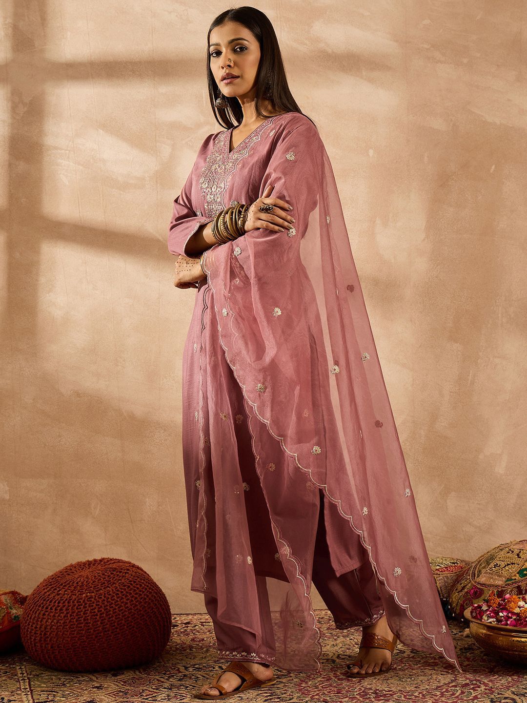 Women Ethnic Motifs Embroidered Regular Sequinned Kurta with Trousers & With Dupatta