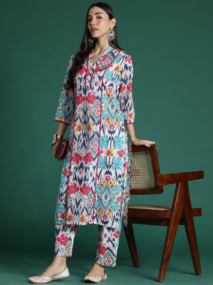 Dhiyona IE Women Printed Panelled Pure Cotton Kurta with Trousers