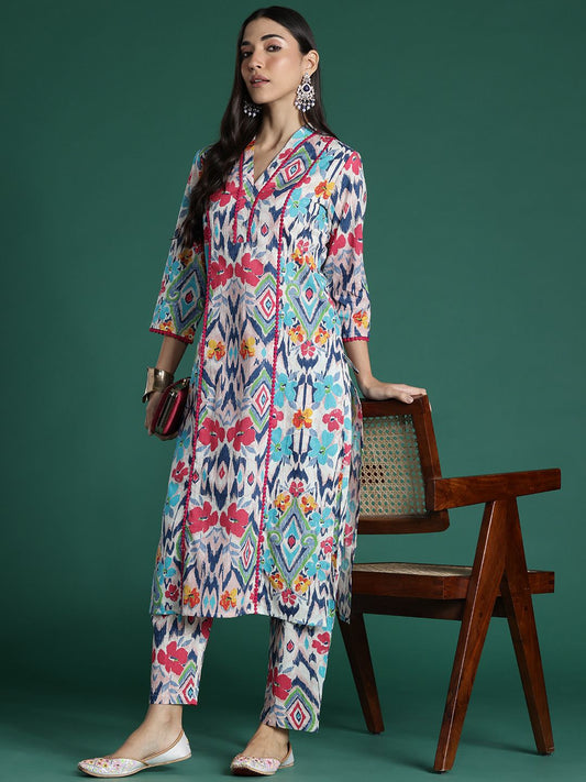 Dhiyona IE Women Printed Panelled Pure Cotton Kurta with Trousers