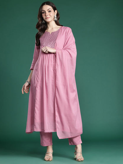 Dhiyona IE Embroidered Pure Cotton Kurta with Trousers & Dupatta