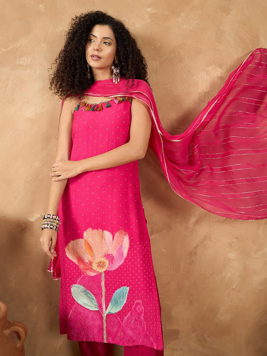 Dhiyona VA Women's Spaghetti Strap Floral Kurta with Trousers & Dupatta