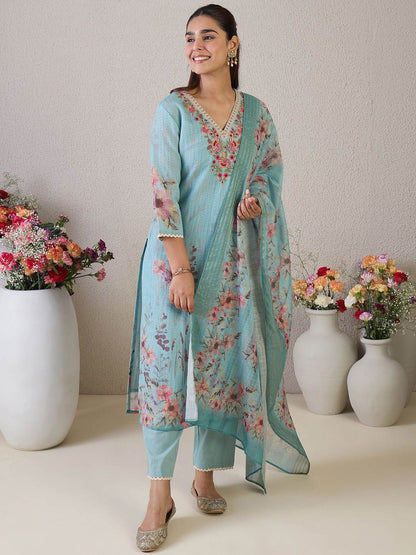 Dhiyona IE Women Floral Embroidered Linen Kurta with Trousers & Dupatta