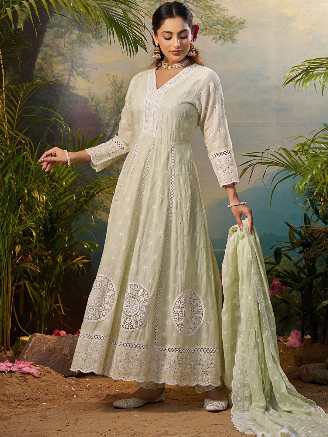 Floral Embroidered Pure Cotton Anarkali Kurta With Trousers & Dupatta