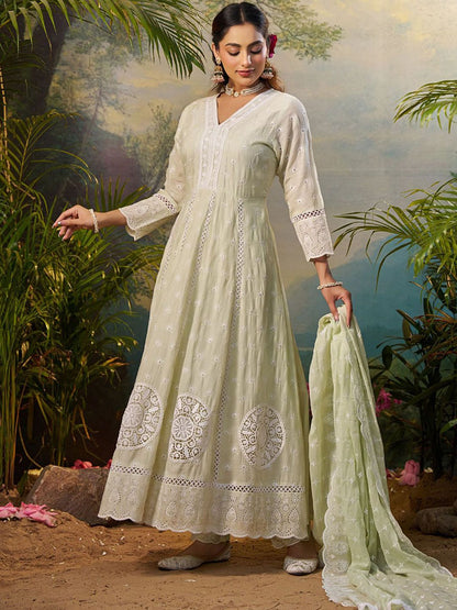 Floral Embroidered Pure Cotton Anarkali Kurta With Trousers & Dupatta