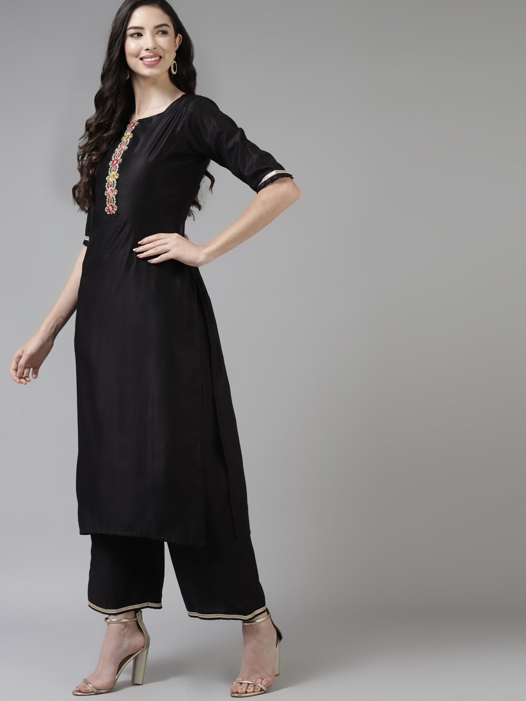 Women Black & Pink Floral Embroidered Kurta with Palazzos & With Dupatta