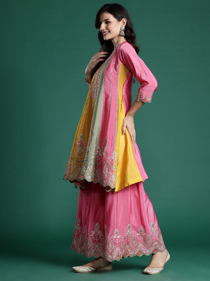 Dhiyona IE Ethnic Motifs Embroidered Panelled Sequinned Kurta With Palazzos & Dupatta