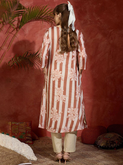 Dhiyona IE Floral Printed Mandarin Collar Pure Cotton Straight Kurta With Trousers