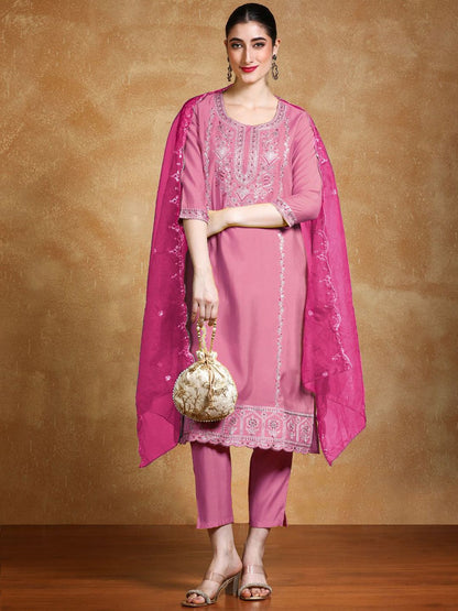 Dhiyona VA Women'sFloral Embroidered Regular Round Neck Straight Kurta With Trousers & Dupatta