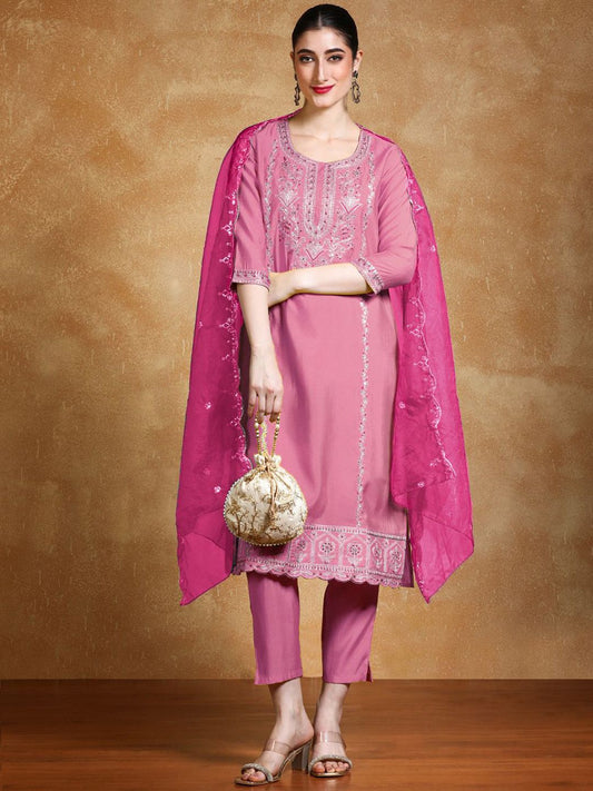 Dhiyona VA Women'sFloral Embroidered Regular Round Neck Straight Kurta With Trousers & Dupatta