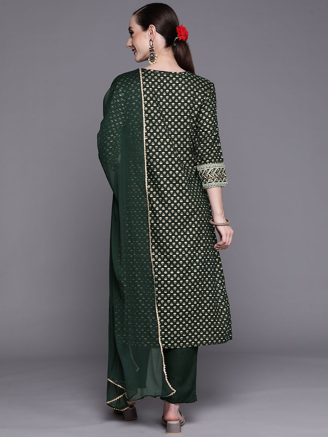 Dhiyona IE Women Green Ethnic Motifs Printed Gotta Patti Kurta with Trousers & With Dupatta