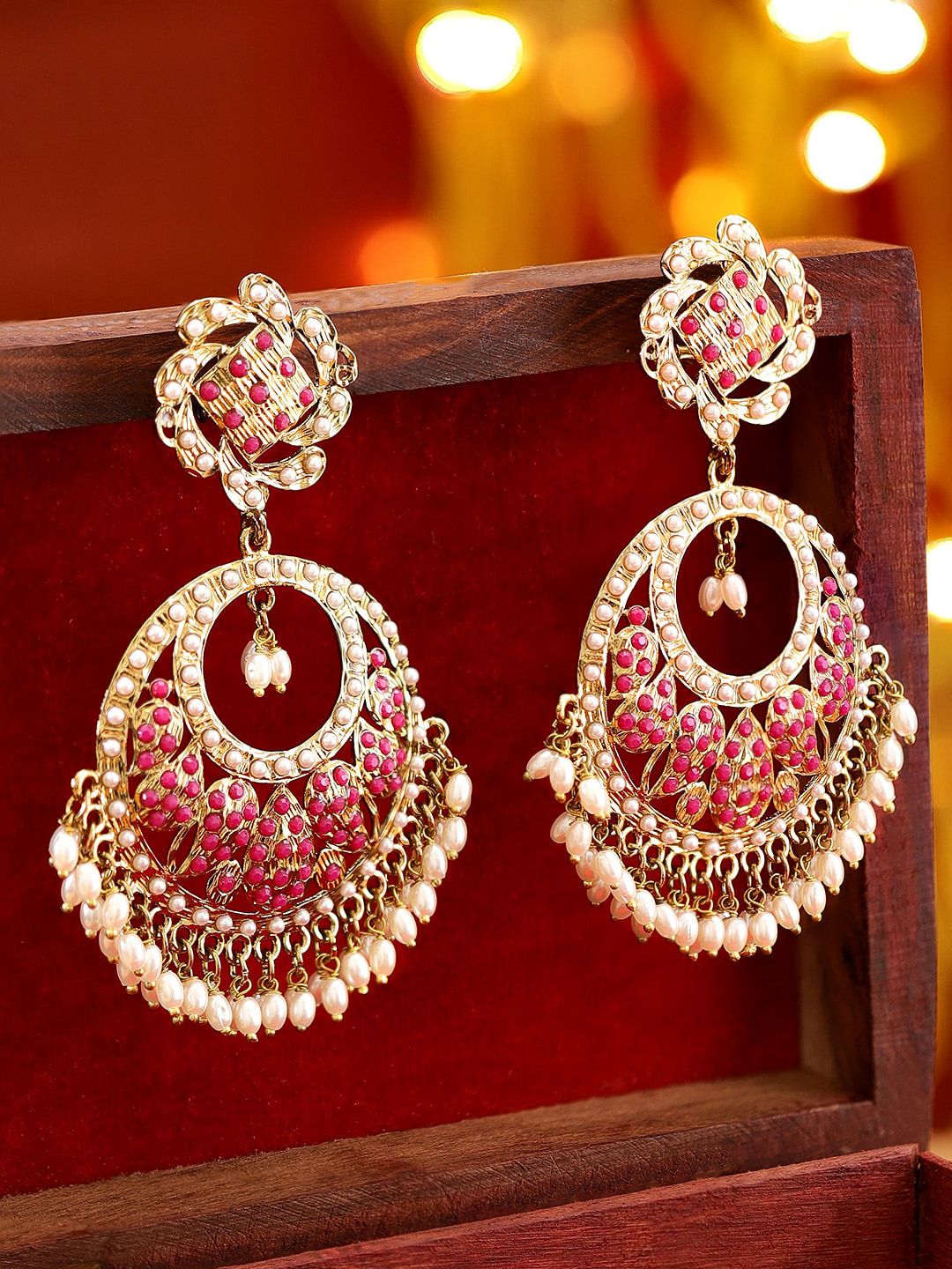 Dhiyona RJ Women's 22K Antique Gold Plated Ruby Zirconia & Pearl Studded Statement Chandbali Earring