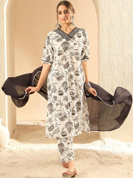 Dhiyona IE Women Printed Regular Mirror Work Pure Cotton Kurta with Trousers & With Dupatta