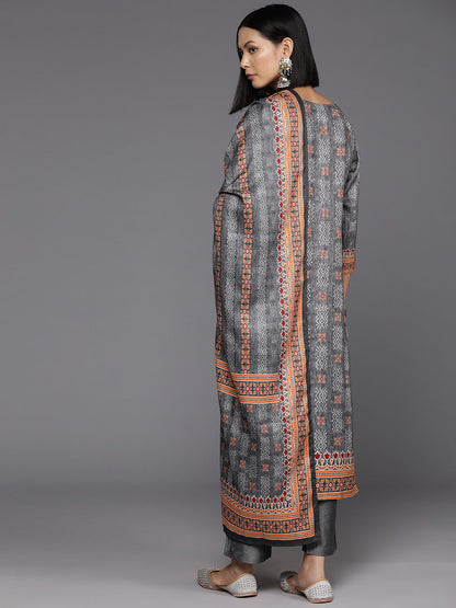Dhiyona VA Women'sEthnic Motif Printed Wool Blended Winter Straight Kurta Set with Printed Dupatta