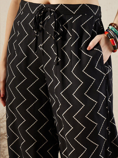 Dhiyona IE Black Floral Printed V-Neck Sequinned A-Line Kurta With Salwar