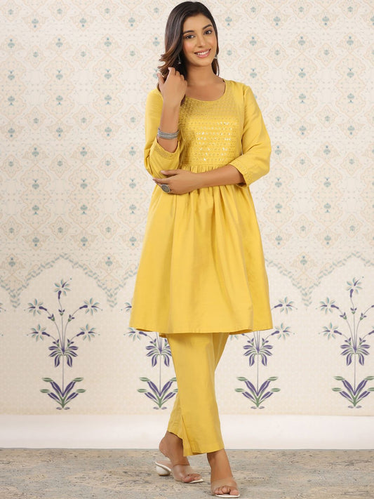 Dhiyona OD  Yellow Sequinned Detailed Anarkali Kurta With Trousers