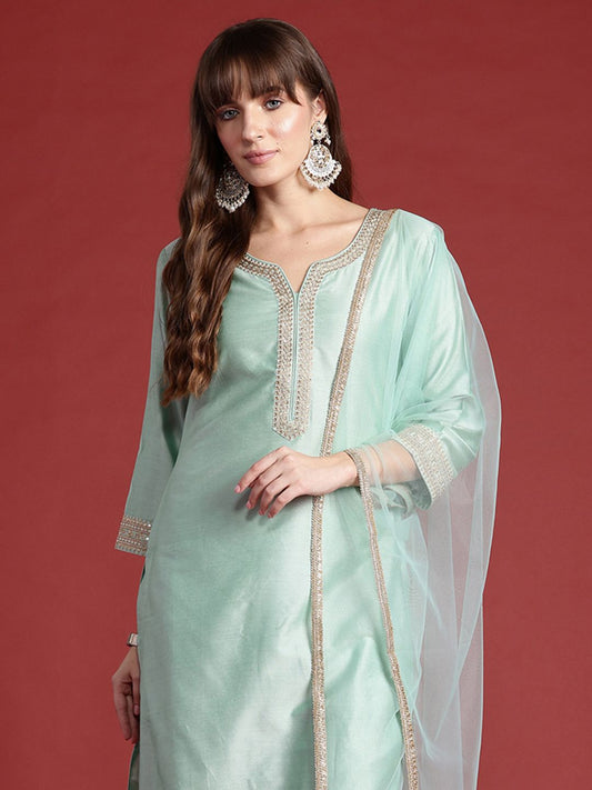 Dhiyona IE Embroidered Sequinned Kurta With Trousers & Dupatta