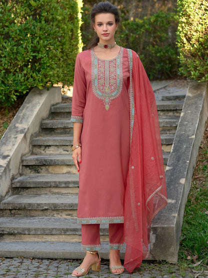 Ethnic Motifs Yoke Design Straight Kurta with Trousers & Dupatta