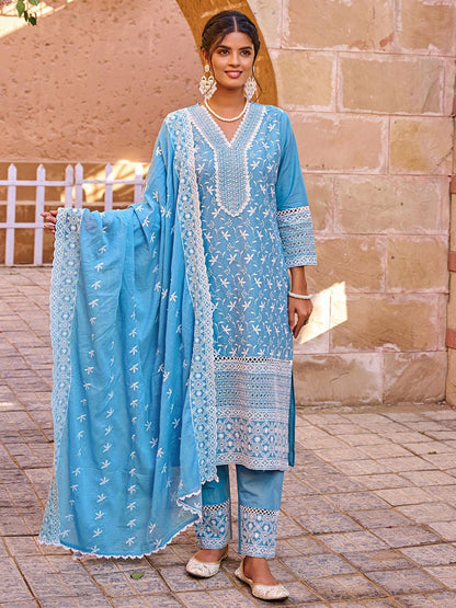 Women Floral Embroidered Thread Work Pure Cotton Kurta with Trousers & Dupatta