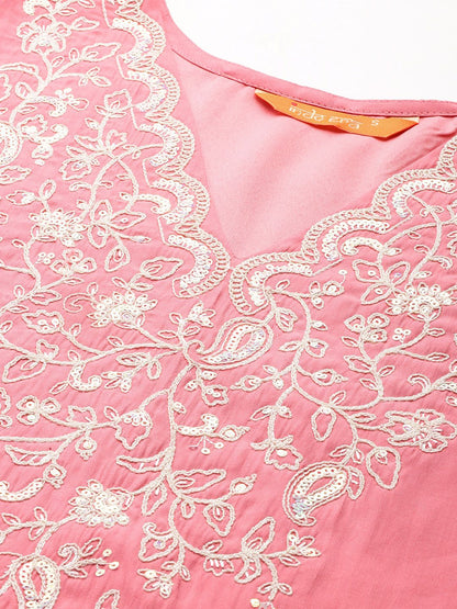 Dhiyona IE Floral Embroidered Sequinned Liva Kurta With Trousers & Dupatta